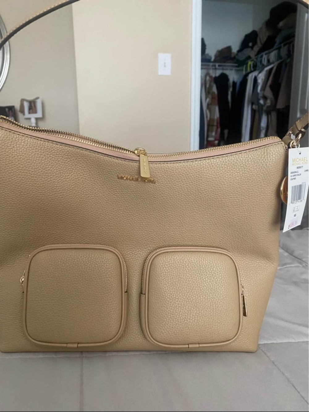Michael Kors Beige Tan Pebbled Leather Shoulder Bag with Front Pockets - Picture 1 of 3